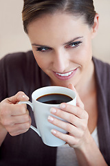 Image showing Woman, coffee and smile, relax in apartment for comfort or morning routine with warm drink. Caffeine beverage, latte or espresso smell with peace and calm for chill at home with positive attitude