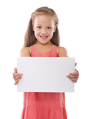 Image showing Paper, mockup and portrait of child advertising space, broadcast news and presentation in studio on white background. Happy kid, girl and poster sign for feedback, offer and information about us