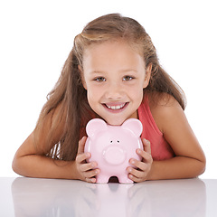 Image showing Piggy bank, savings and girl kid in portrait, finance and learn money management on white background. Budget, growth and investment with young person and financial security, future and cash in studio