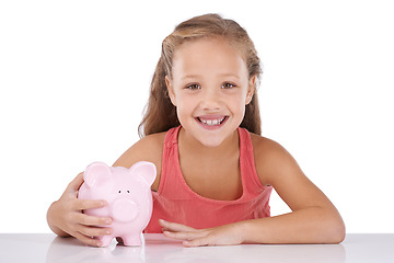 Image showing Piggy bank, savings and girl child in portrait, finance and learn money management on white background. Budget, growth and investment with youth and financial security, future and cash in studio