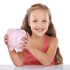 Image showing Piggy bank, save money and girl child in portrait, finance and learning cash management on white background. Budget, growth and investment, young person and financial security for future in studio