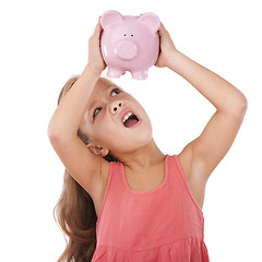 Image showing Girl child, piggy bank and shake for money, studio and thinking or searching for saving by white background. Confused kid, container or animal toys for coins, cash or learning for financial education