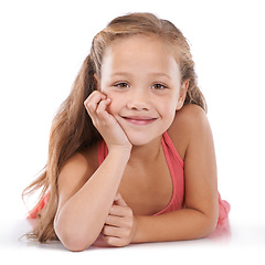 Image showing Kid, girl and portrait or happiness in studio with confidence, positive attitude and carefree youth. Child, face and smile with calm expression, mock up space and casual outfit on white background