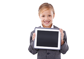 Image showing Child, portrait and mockup space on tablet for promotion in studio, information and announcement. Happy female person, girl and blank screen for deal or sale and discount, bonus and white background