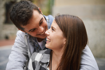 Image showing Eye contact, smile and face of couple hug, relax and enjoy date on marriage honeymoon, Valentines Day or anniversary. Trust, love bond and people happy for relationship comfort, soulmate or devotion