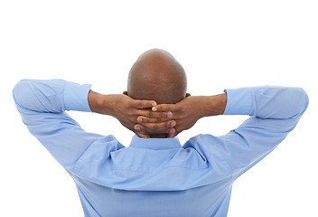Image showing Relax, hands behind head and business black man in studio isolated on white background for complete work. Back, career and done with professional employee in shirt feeling rest at corporate career