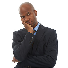 Image showing Bored, white background and portrait of business black man with upset, annoyed and frustrated reaction. Professional, corporate worker and face of isolated tired person with depression in studio