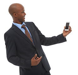 Image showing Wow, smile and phone with business black man in studio isolated on white background for good news communication. Surprise, social media or app and happy young employee with mobile for promotion