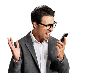 Image showing Angry, screaming and business man with phone call conflict or stress in studio on white background. Smartphone, fail or guy entrepreneur shouting at phishing, scam or frustrated by app, 404 or glitch