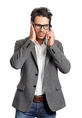 Image showing Phone call, white background and business man for communication, contact and chatting online. Worker, professional and isolated person on cellphone for speaking, talking and conversation in studio