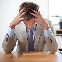 Image showing Businessman, stress and overwhelmed in office, mental health and bankrupt or financial crisis. Male person, professional and frustrated in workplace, deadline and depression or mistake and fail