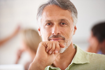 Image showing Happy, handsome and portrait of mature man with positive, good and confident attitude in office. Smile, attractive and closeup face of male designer from Mexico with creative career in workplace.