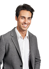 Image showing Portrait, happy or business man in studio with positive mindset, attitude or good mood on white background. Face, smile or male lawyer cheerful for new job, first day or career choice at a law firm