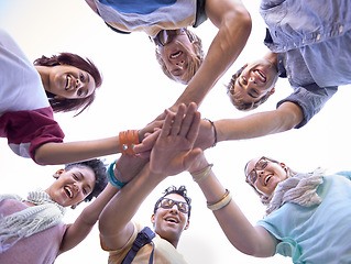 Image showing Students, portrait or happy in huddle, outdoor or scholarship opportunity at college for commitment. Friends, face or diversity in education solidarity or hands together from below in collaboration
