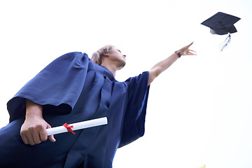 Image showing Happy man, student and certificate with cap in graduation for qualification, education or career ambition. Male person or graduate throwing hat with diploma, degree or celebration at outdoor ceremony