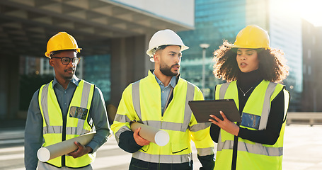 Image showing People, architect and tablet in city planning for meeting, construction or building project on site. Group of employees, contractor or engineer in teamwork on technology for architecture plan or idea
