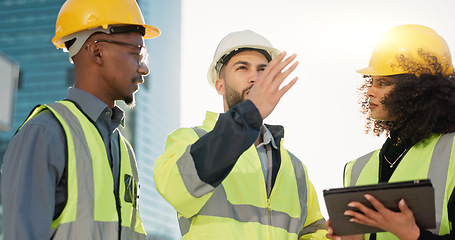 Image showing People, architect and tablet in city for construction planning, team discussion or strategy on site. Group of employees, contractor or engineer on technology in teamwork, project plan or architecture