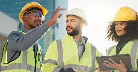 Image showing People, architect and tablet in city for construction planning, team discussion or strategy on site. Group of employees, contractor or engineer on technology in teamwork, project plan or architecture