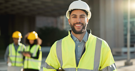 Image showing Happy man, architect and city for construction management or teamwork in leadership on site. Portrait of male person, contractor or engineer smile for professional architecture, project or ambition