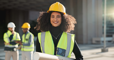 Image showing Happy woman, architect and city for construction management or teamwork in leadership on site. Portrait of female person, contractor or engineer smile for professional architecture, project or plan