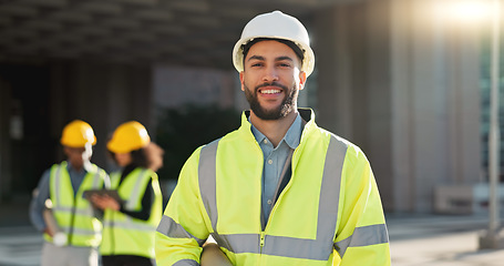 Image showing Happy man, architect and city for construction management or teamwork in leadership on site. Portrait of male person, contractor or engineer smile for professional architecture, project or ambition