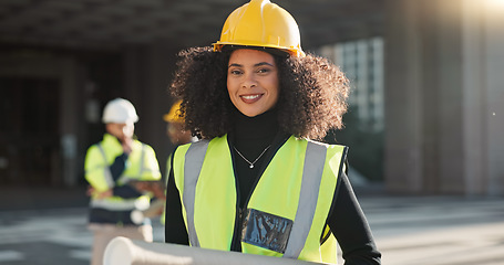 Image showing Happy woman, architect and city for construction management or teamwork in leadership on site. Portrait of female person, contractor or engineer smile for professional architecture, project or plan