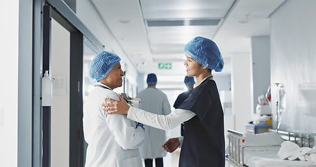 Image showing Discussion, hospital and doctors walking for teamwork, collaboration and advice for diagnosis. Healthcare, meeting and health workers in corridor for results, medical research and patient report