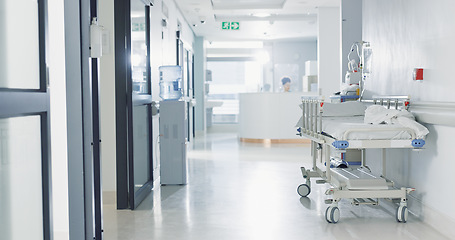Image showing Hospital, healthcare and medical with an empty corridor for wellness, care or treatment and disease control. Medicine, service and hallway of a lobby in a clinic for rehabilitation or recovery