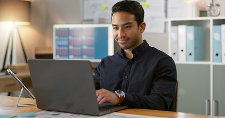 Image showing Happy man in office, typing on laptop and planning online research for creative project at professional digital agency. Internet, website and networking, businessman with smile and computer for email