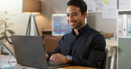 Image showing Happy man in office, typing on laptop and planning online research for creative project at professional digital agency. Internet, website and networking, businessman with smile and computer for email