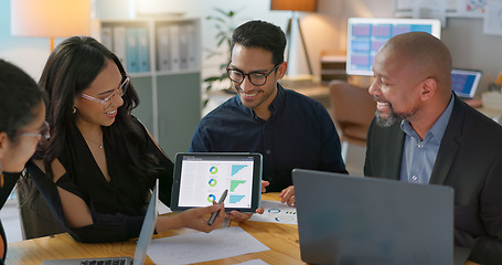 Image showing People, meeting and tablet screen for data analytics, financial presentation and meeting advice or strategy. Business woman, manager or team talking, planning and collaboration of digital statistics