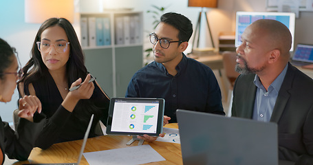 Image showing People, meeting and tablet screen for data analytics, financial presentation and meeting advice or strategy. Business woman, manager or team talking, planning and collaboration of digital statistics