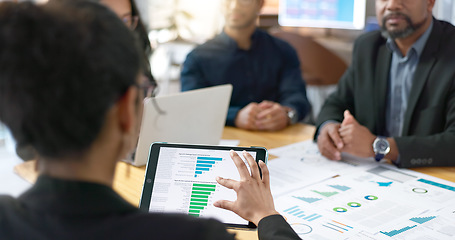 Image showing People, meeting and tablet screen of data analytics, graphs and statistics in finance, business or revenue proposal. Professional employees, analyst or manager talking of digital sales and documents