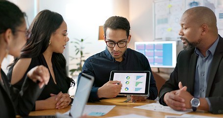 Image showing Business, team and office with presentation on tablet with smart pen, happiness and collaboration. Diversity, professional and teamwork with graphs, creativity and coaching, training and learning