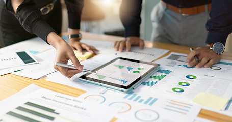 Image showing Business people, data analysis with tablet and paperwork, hands with online review in meeting and team with market research. Statistics, analytics dashboard and digital infographic with collaboration