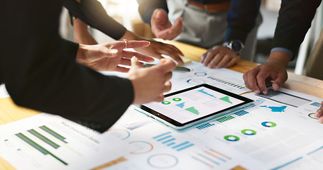 Image showing Business people, data analysis with tablet and paperwork, online review in meeting and hands with team and market research. Statistics, analytics dashboard and digital infographic with collaboration