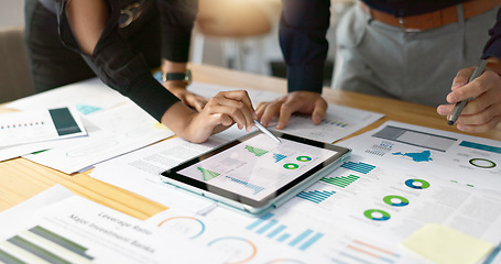 Image showing Business people, data analysis with tablet and paperwork, hands with online review in meeting and team with market research. Statistics, analytics dashboard and digital infographic with collaboration