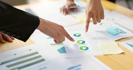 Image showing Hands, business people in meeting and data analysis, review paperwork with graphs and info, team doing market research. Stats, analytics and infographic documents with sticky note and collaboration