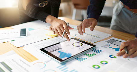 Image showing Business people, data analysis with tablet and documents, hands with online review in meeting and team with market research. Statistics, analytics dashboard and digital infographic with collaboration