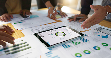 Image showing People, data analysis with tablet and documents, hands with online review in business meeting and team with market research. Statistics, analytics dashboard and digital infographic with collaboration