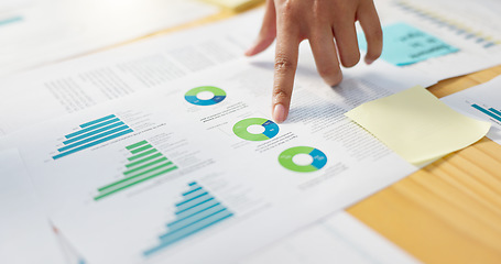 Image showing Hands, business people in meeting and data analysis, paperwork review with graphs and info, team doing market research. Stats, analytics and infographic documents with sticky note and collaboration