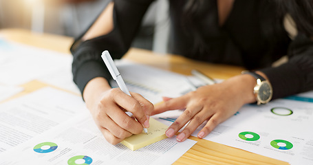 Image showing Hands, business person and data analysis, writing on sticky note and paperwork review with graphs and information. Statistics, analytics and infographic documents with planning and market research