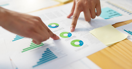 Image showing Hands, business people in meeting and data analysis, review paperwork with graphs and info, team doing market research. Stats, analytics and infographic documents with sticky note and collaboration