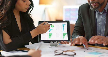 Image showing Business people in meeting, tablet and data analysis, team compare info with review of paperwork and market research. Stats, analytics and infographic documents with sticky note and collaboration