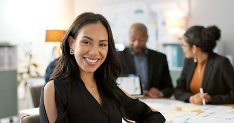 Image showing Meeting, smile and portrait of business woman with team planning or working on strategy together in startup company. Corporate, confident and professional employee at discussion in agency office