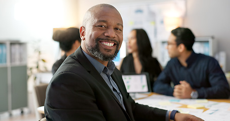 Image showing Meeting, leader and portrait of businessman with team planning or working on strategy together in startup company. Corporate, confident and professional employee at discussion in agency office