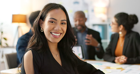 Image showing Meeting, smile and portrait of business woman with team planning or working on strategy together in startup company. Corporate, confident and professional employee at discussion in agency office