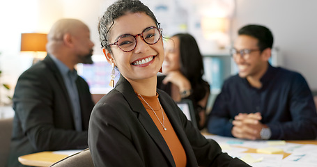 Image showing Meeting, happy and portrait of employee with team planning or working on strategy together in startup company. Corporate, confident and professional business woman at discussion in agency office