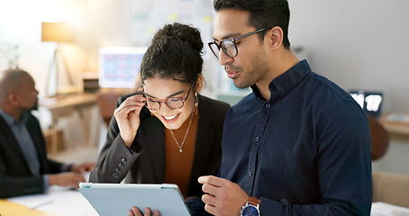 Image showing Team, strategy and collaboration with tablet in office for meeting, digital marketing or review of online documents. Female leader, guidance or advice for idea, vision or plan of report for project