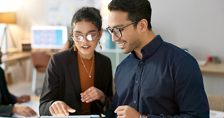 Image showing Office, business people and brainstorming with planning, tablet and teamwork with internet, connection and cooperation. Staff, man and woman with technology, digital app and collaboration with ideas